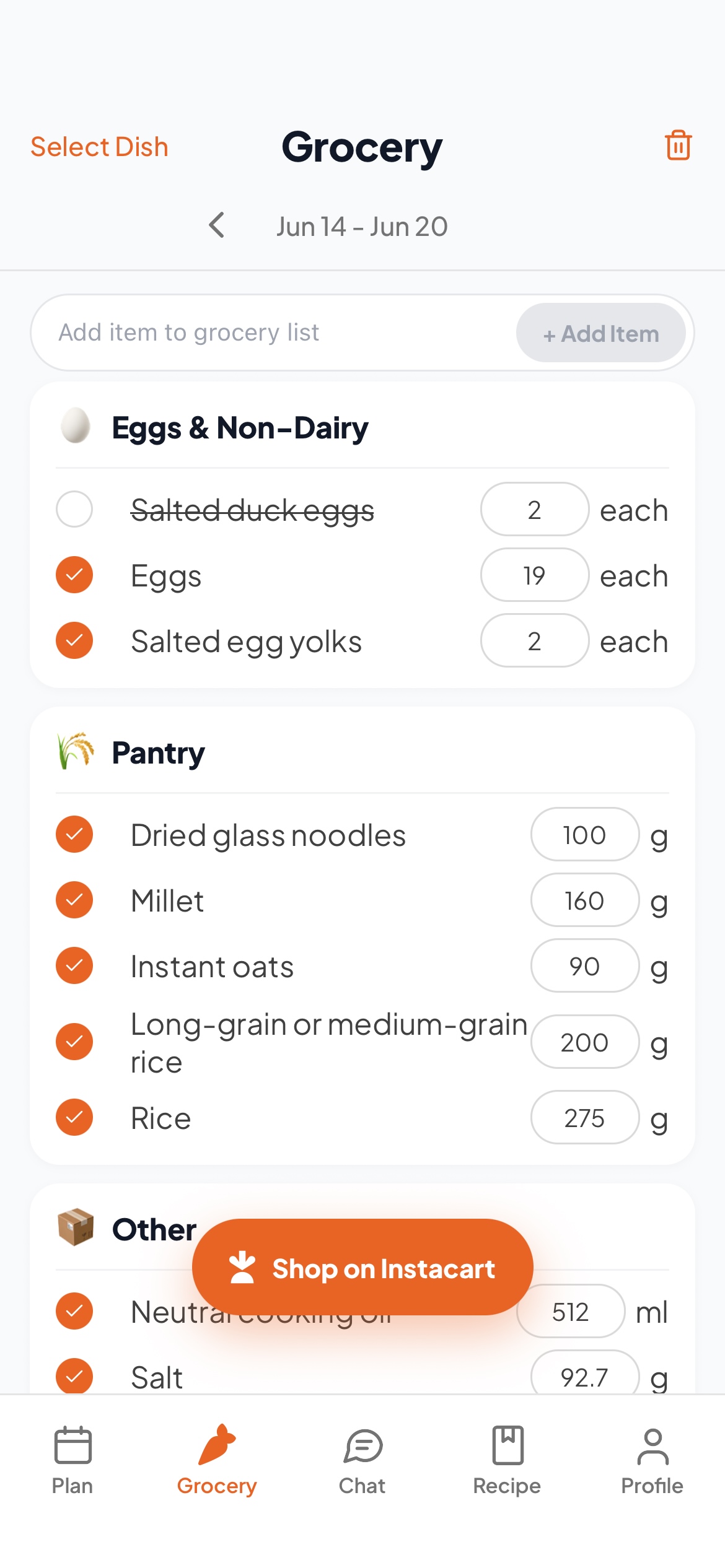 CosMeal grocery list screen
