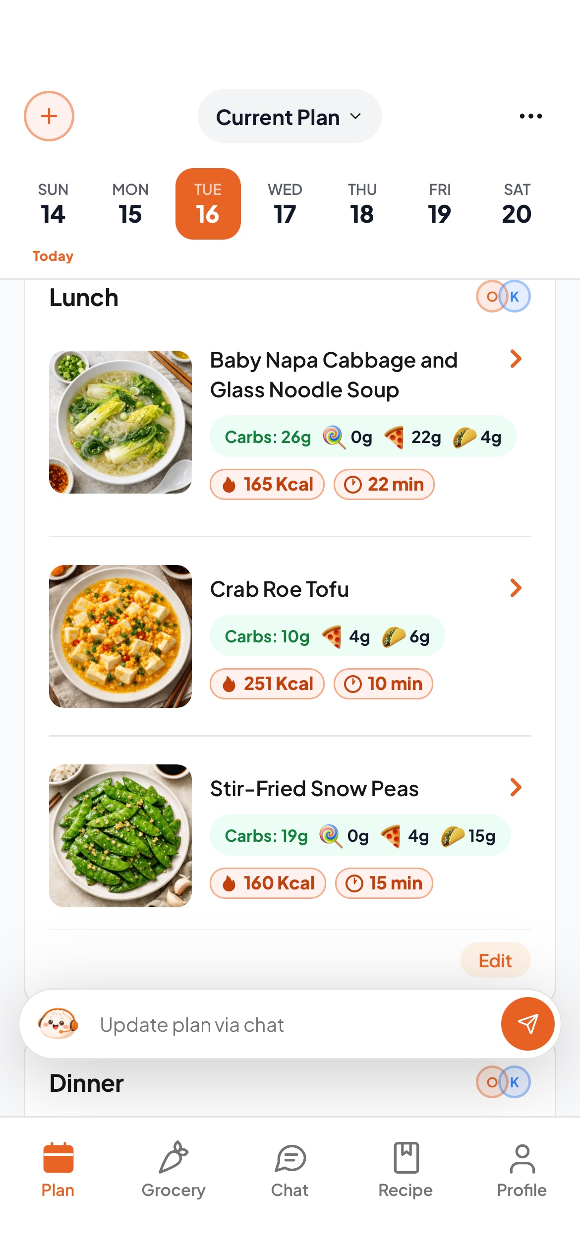CosMeal meal plan screen